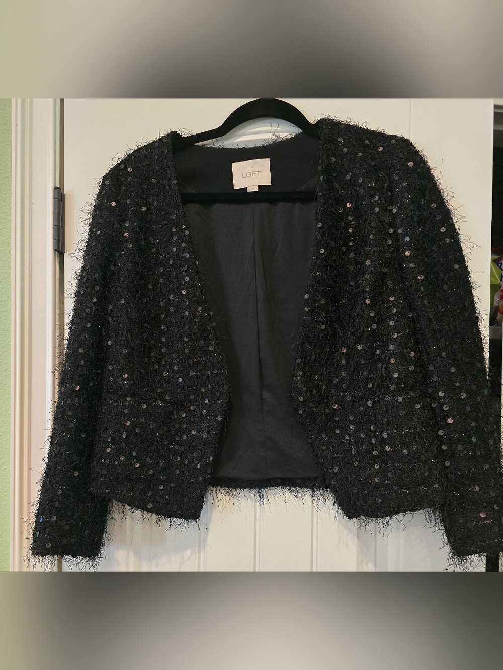 LOFT Black Sequin Open-Front Blazer W 4